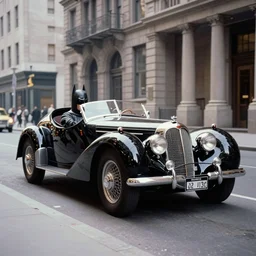 vintage photo of batman driving a cadillac series 6 2, talbot - lago t 2 6 grand sport styled batmoblie, by norman bel geddes, on the streets of gotham