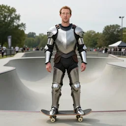 mark zuckerberg with full body armor at the skate park