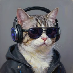 oil painting of a cyberpunk cat wearing headphones and shades