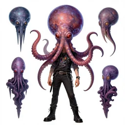 CGI psychic punk rocker electrifying rockstar with a giant vampiric squid for a head concept character designs of various shapes and sizes by genndy tartakovsky and Lauren faust