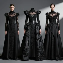 designer figure collection intriguing shaped gothic by prada, haute couture, award fashion, dark tones, expert composition, professional retouch, editorial photography