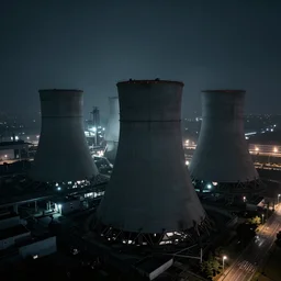 an aerial view of an abandoned industrial terrain with giant nuclear plants, night time, shot from the blade runner 2049 movie, designed by Ash Thorp, moody, dark, foggy