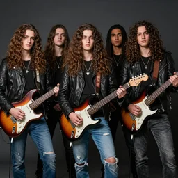 Group of ethnically diverse 19-year-old boys and girls with long permed wavy brown hair and afros leather jacket and denim jeans, holding electric guitars, 2022, stoner rock, heavy rock, HD photography