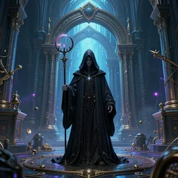 center view of an extremely detailed intricate concept art of hooded necromancer in front of a lovecraft portal, unreal engine realistic render, 8 k, micro detail, wide - angle portrait, by android jones and greg rutkowski, gaston bussiere, craig mullins, synthwave color scheme, cinematic lighting, trending on artstation, intricate, elegant, vivid colors