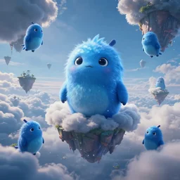 cute, enormous, blue shiny creatures flying through floating islands, extreme cloud formations, uncanny, cinematic lighting, thomas cole, still from inside out, octane render, ray tracing, volumetric lighting, 4 k