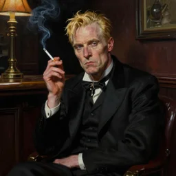 very detailed matte painting character illustration of john constantine sitting down in a shadowed corner of the room at a bar in london smoking a cigarette, digital painting, illustration, john singer sargent, gothic, amazing values, 8 k, symmetrical face details, realistic face details, realistic eyes, moody lighting, blonde british man, graphic style