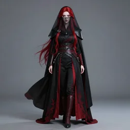 award winning professional cosplay photo of a small, thin, delicate, beautiful female sith warrior with smooth porcelain skin and long flowing red hair, wearing black and red imperial uniform with cape, face covered by translucent veil, dark shadowy gothic aesthetic, full body portrait, centered composition, extremely detailed