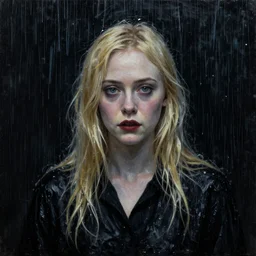 a striking esoteric painting of Elle Fanning in the rain, dark, metal, black background, occult, by Grant Wood