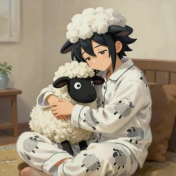 Wakan Tanka from Tokyo Afterschool summoners wearing sheep patterned pajamas while snuggling with a sheep plushie, 4k, very detailed, painting