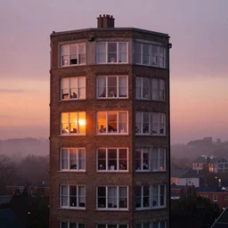 Spying into the windows of a small tower block from outside , windows full of the private lives of the human inhabitants, volumetric lighting shines through the misty sunset sky , full colour , 4K