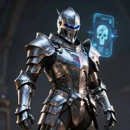 hi - tech knight stay in darkness, skull helmet, polished shiny armor, sci - fi, hologram, neon lit, ready for battle, sharp focus, wide shot, render, octane, fine details, concept art