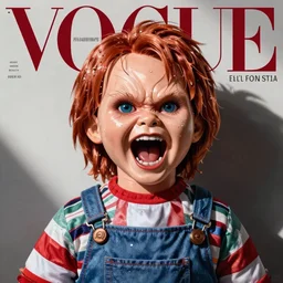 screaming chucky doll shoulder screaming chucky doll shoulder screaming chucky doll, vogue women's fashion beauty celebrity magazine, chanel makeup, ilya kuvshinov, john singer sargent, digital art illustration, impressionist oil painting, trending on artstation, intricate