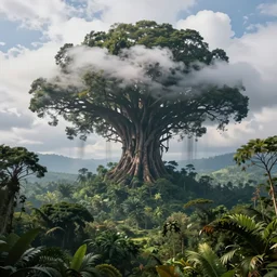 giant tree with strong winds in the clouds at the top, surrealist, dmt, dmt, 5 meodmt, blissful landscape, love, high defined jungle, mother ayahuasca, ecstasy, bliss, sanctuary, sacred, vladimir kush art style