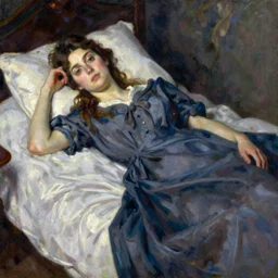 a painting of a woman laying on a bed, nightgown, a fine art painting by helene schjerfbeck, jeremy lipking, joseph todorovitch, deviantart, figurative art, oil on canvas, fine art