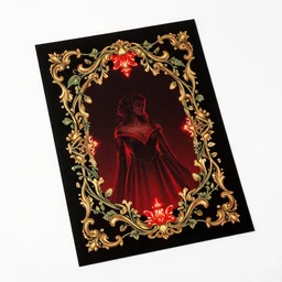 'Hermit wrapped in vines + black paper + elements + red + gold + neon + baroque + rococo + white + orange+ ink + tarot card with ornate border frame + marc Simonetti, paul pope, peter mohrbacher, detailed, intricate ink illustration'