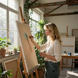 photo of a beautiful blonde woman focused while painting on a large canvas in a bright atelier. medium shot and profile view. there are blank canvases and painting material everywhere, there is also a lot of green plants and ivy. rusty metal beams. sunlight is shining on her through the windows, late afternoon, volumetric light