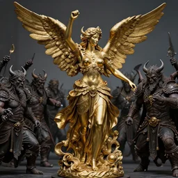 high intricate porcelain baroque angelic warrior woman stunning body fighting the army of the demon lord, 8 k, hyperrealistic hyperdetailed gold and black skin maria panfilova, andrea savchenko, mike kime, ludovic plouffe, qi sheng luo, oliver cook, trending on artstation