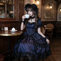full body portrait photo of reol wearing a elegant gothic dress, open top, wearing a chocker and cute hat, drinking coffee in a victorian cafe interior, dim lighting,, ( ( photograph ) ), moody, realistic, detailed, dark, skin tinted a warm tone, light blue filter, hdr, 8 k