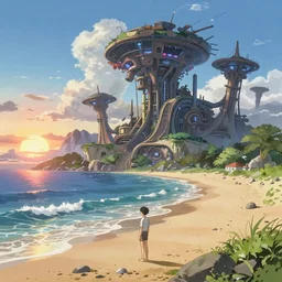 beautiful, detailed digital painting of a alien world with unknown structures and technology on the beach and looking at the sunset, anime by makoto shinkai, sand, waves, trending on artstation