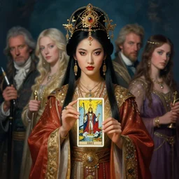 symmetrical portrait painting, asian shamanic priestess, tarot, oracle, fantasy, beautiful, gorgeous, magic, cinematic lighting, hyper realistic, sharp focus, dof, by thomas kinkade, lise deharme, hans zatzka, george stubbs, louis wain, intricate, beautiful, award winning, artstation, pixiv