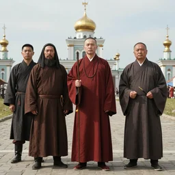 a wide full shot, russian and japanese mix 1 9 8 0 s historical fantasy of a photograph taken of the guardian priest'domain attributes, photographic portrait, high - key lighting, warm lighting, overcast flat midday sunlight, 1 9 8 2 life magazine photograph, photojournalism from the new york times.