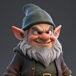 mean looking gnome. Cruel grin. Threatening. 3d render. Fantasy. Detailed face.