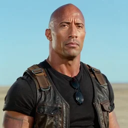 film still close up shot of dwayne johnson as max rockatansky in the movie mad max 2 the road warrior. photographic, photography