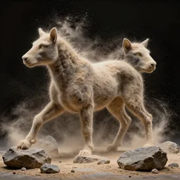 highly detailed photography of an animal made of dust particles, big rocks, sharp focus, dramatic scene, aesthetic, dynamic lighting, elegant, harmony, masterpiece, by jenny saville, by ben aronson, by james jean, by roberto ferri, by jeremy mann, by lucian freud, by kent williams, high quality