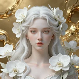 A portrait of a surreal goddess With white flowers around it,, ((Gold fluid simulation in the background)), perfectly proportioned face, ultra super good realistic 3D render by Pete Morbacher and Emil Melmoth, insanely detailed, trending on artstation