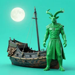 turquoise moonlight, a green goathorned figure stands beside his wrecked fifteenth century carrack at the bottom of a dried - up lake in an ivory desert beneath a starless night sky, evangelion, kyoto animation still, intricately detailed features, digital painting, yoshiyuki sadamoto