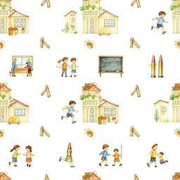 a seamless pattern of schools, bullets, kids, running, teachers, art