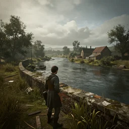 river stour in a desolate and decrepit canterbury, screenshot from'fallout 4'