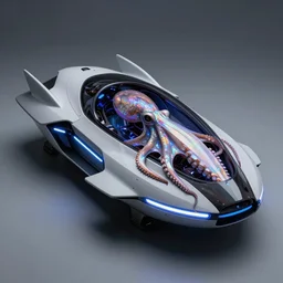 photo of an iridescent octopus skin futuristic hypersonic survival pod car with aerodynamic fins, box - shaped dark glass and plastic, venturi tunnels, neon lights