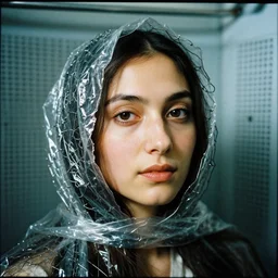 a closeup portrait of a woman wearing a hood made of wire and plastic, in a laundry mat, color photograph, by caravaggio, canon eos c 3 0 0, ƒ 1. 8, 3 5 mm, 8 k, medium - format print