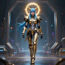 beautiful pale girl minotaur with blue hair and a giant golden halo wearing power armor walks through a portal to the digital world. grand. cyberpunk scene by ralph mcquarrie and beksinski r / characterart