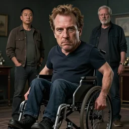 hyperrealistic mixed media image of info wars alex jones in a wheelchair, stunning 3 d render inspired art by xiang duan and thomas eakes and greg rutkowski, perfect facial symmetry, hyper realistic texture, realistic, highly detailed attributes and atmosphere, dim volumetric cinematic lighting, 8 k octane detailed render, post - processing, masterpiece,