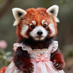 a photo of 8k a cute furry red panda in a dress, cinematic lighting, trending on artstation, 4k, hyperrealistic, focused, extreme details, unreal engine 5, cinematic, masterpiece
