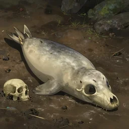 seal bones and skull, in river mud, atey ghailan, goro fujita, studio ghibli, rim light, sad, dark lighting, clear focus, very coherent