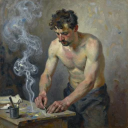 an impressionist oil painting of a human working so hard that smoke is coming out of the body