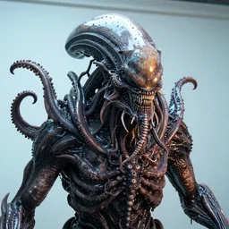 photo taken of an epic intricate, ultra detailed, super realistic gritty, wet, slimy, lifelike sculpture of a nightmarish hellish alien ghoulish swirling tentacle bearded creature created by weta workshop, zoomed in shots, photorealistic, sharp focus, white wall coloured workshop, cold blueish colour temperture, f 0. 4, face centred, golden ratio, golden hour