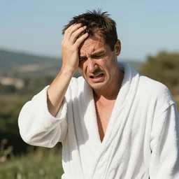 a harassed man in a bathrobe on a hot day