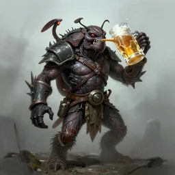 portrait of humanoid nasty bug drinks beer, beer, glass, beer mug in hand, intricate, triumphantly, foggy background, full body art, dark souls, drawing, concept art, artstation, digital painting
