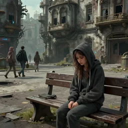 mid shot of sadie sink in hoodie sits on bench in ruined square, pedestrians walk by | steampunk tenement windows in background : storyboard, scifi cyberpunk. by gabriel hardman. cinematic atmosphere, detailed and intricate, perfect anatomy
