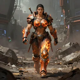 a big muscular female warrior walking across a cyberpunk wasteland with no helmet, firecast tau armor, attractive female face, symmetrical face details, ultra realistic, very highly detailed, 8K, octane, Digital painting, concept art, illustration, rule of thirds, sharp focus, centered