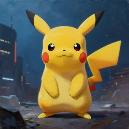 old oil painting of a Pikachu in cyberpunk style