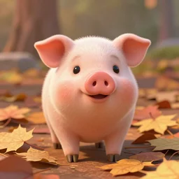 cute piglet front facing in a pile of autumn leaves, pixar style