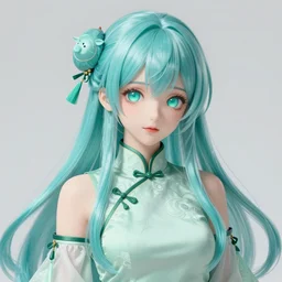 adult girl with long aqua glass hair, aqua glass eyes, a small pigtail on the left side, chinese dress, chinese style, anime style, hyper detailed, light green dress, illustration, digital painting, high delicate defined details, anime stylized, highly detailed, realistic, sharp focus