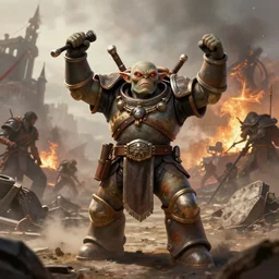 a beautiful illustration of a hyper realistic render of a warhammer goblin posing victorious full body centered in a war zone in the style of stephen bliss