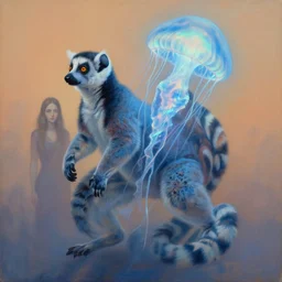 painting of hybrid between lemur & luminescent jellyfish, intercrossed animal, zdzislaw beksinski, kim donaldson, mattias adolfsson, tiffany bozic, cold hue's, warm tone gradient background, concept art, beautiful composition, digital painting