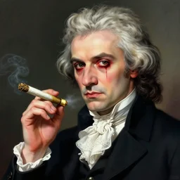 Mozart with bloodshot eyes holding a weed joint in his hand, digital art